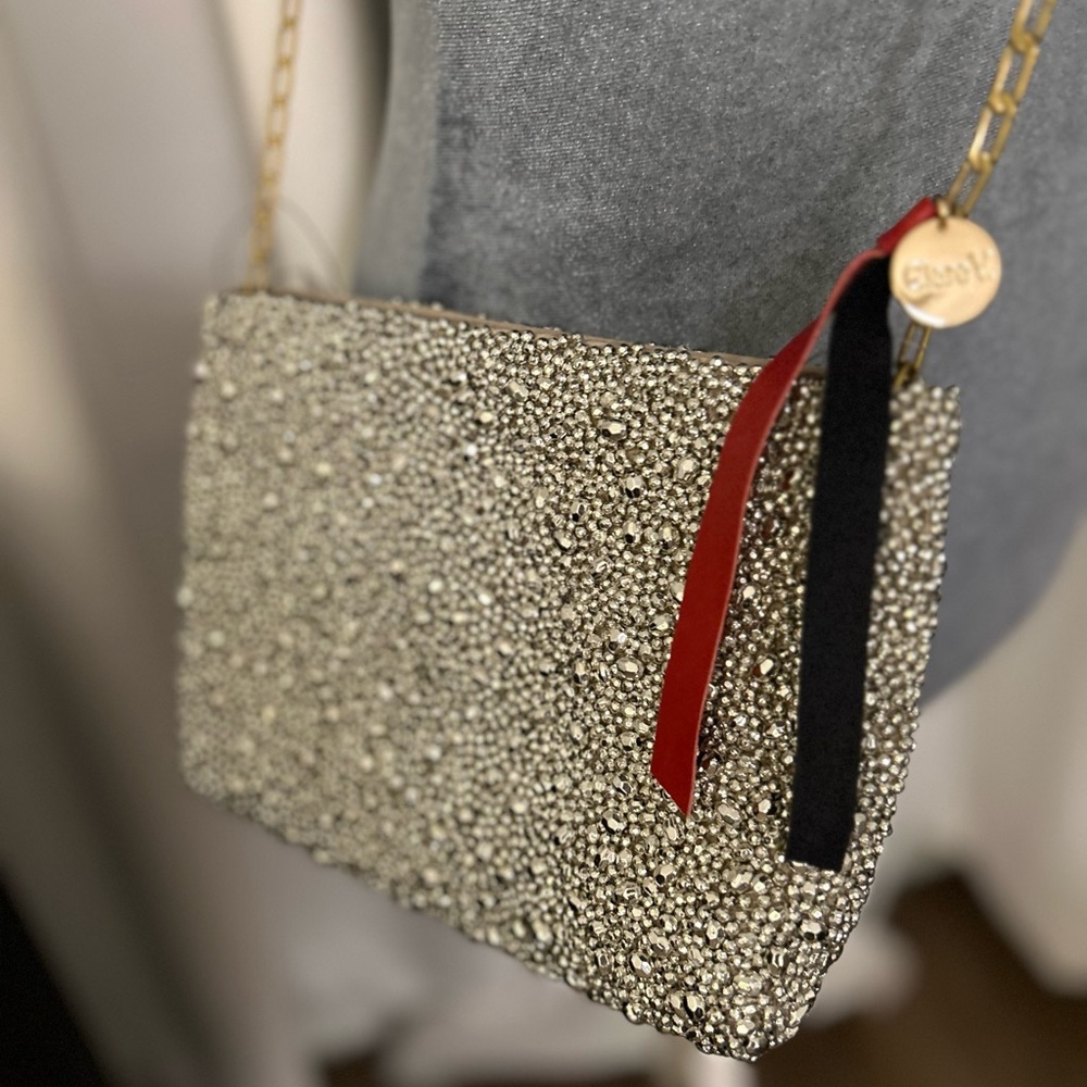 NWT Clare V. Estelle Glitter Clutch Silver Beaded